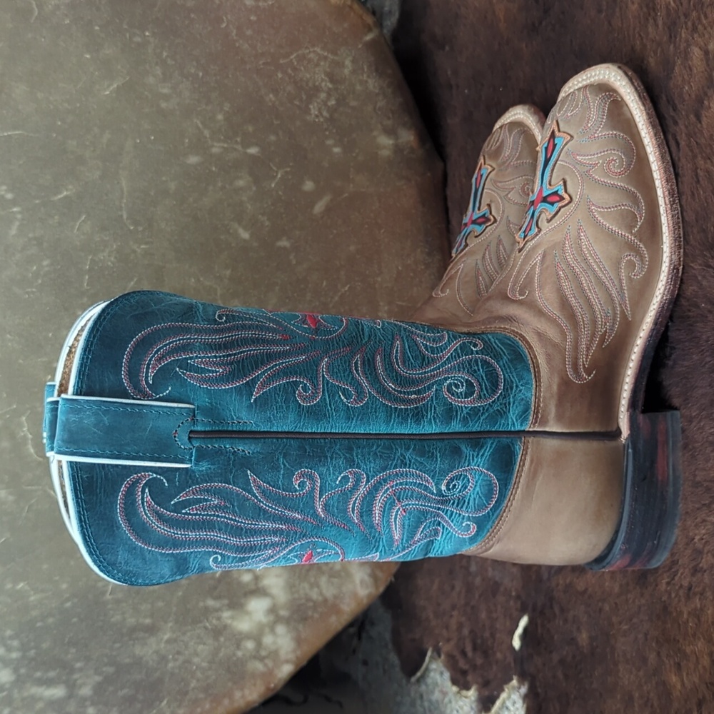 TONY LAMA ladies style#7931L "tan vintage cow cross" teal/brown cowboy boots 6.5 - Picture 8 of 16